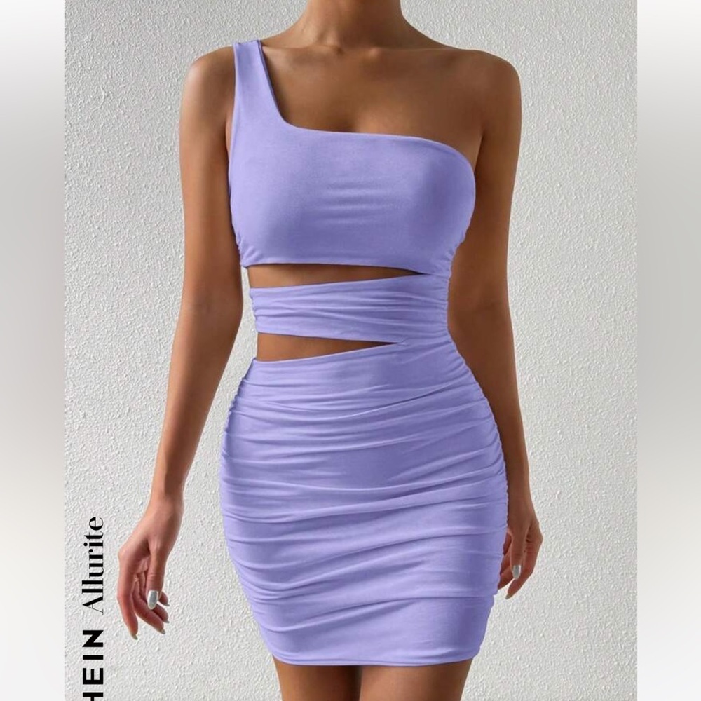 SHEIN Allurite Asymmetric Neck Hollow Ruched Slouchy Shoulder Dress size Med - Picture 1 of 8